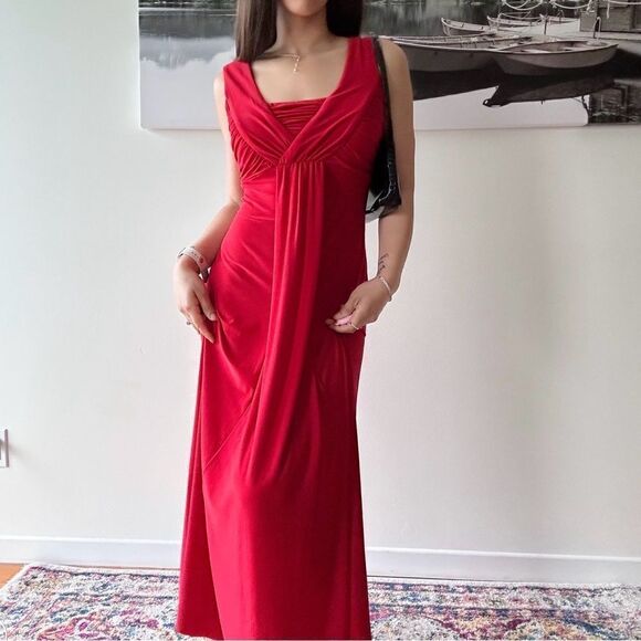90s Vintage Deep Red ruched sexy sleeveless  Formal maxi dress - Picture 3 of 8